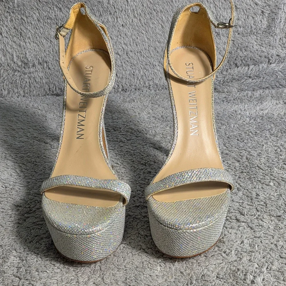 Stuart‎ Weitzman Nudist Hollywood Silver Platform Stiletto Sandals Shoes 9.5